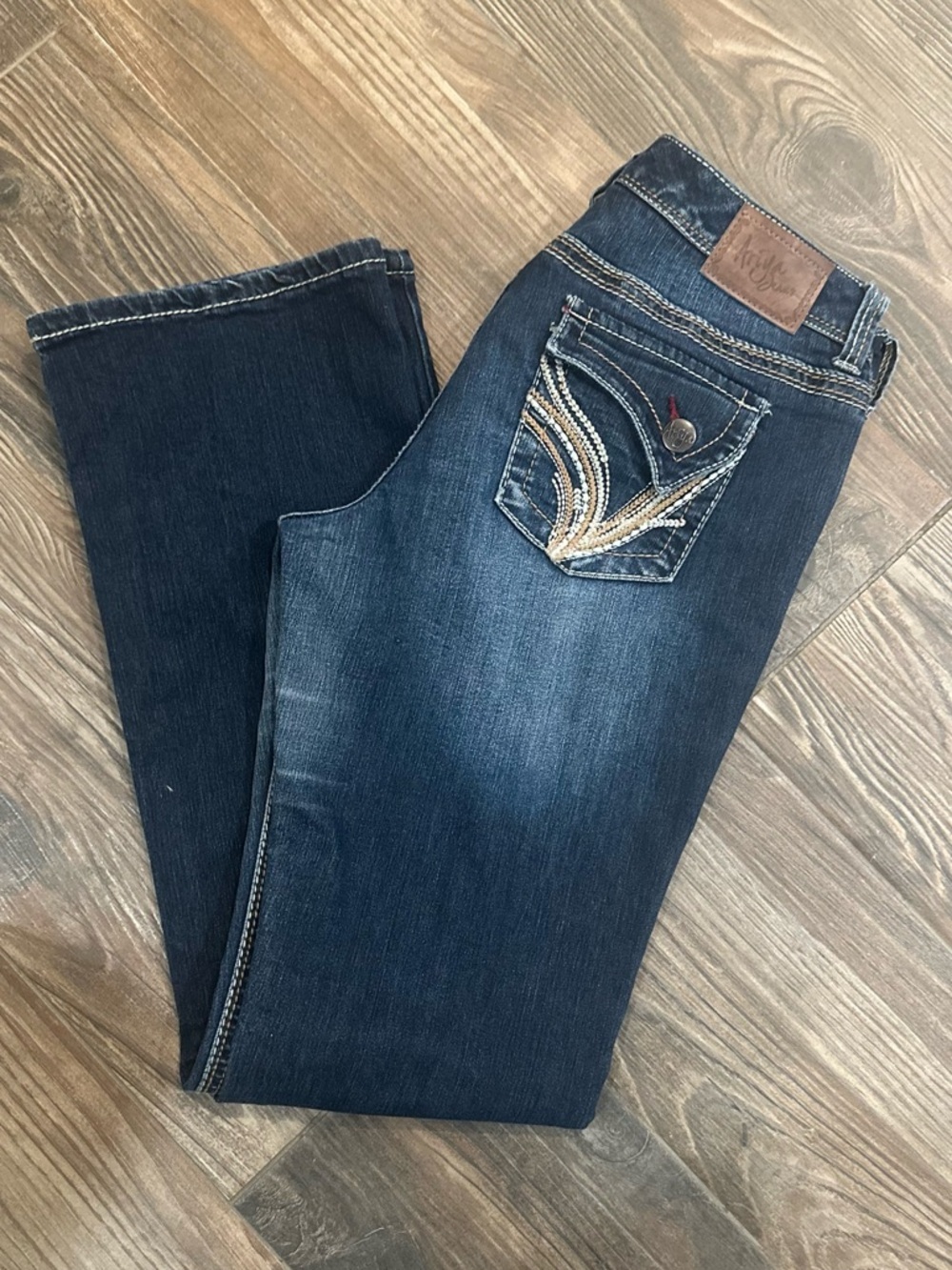 Ariya Dark Blue Boot Cut Jeans with Embroidered Pocket Y2K Western Vibes - Picture 2 of 11